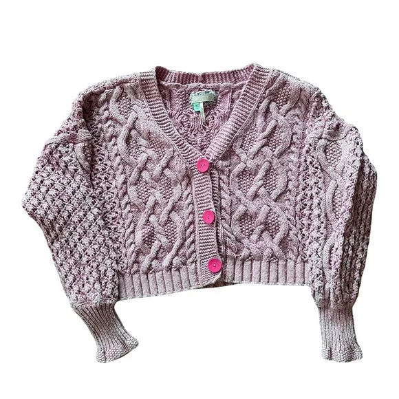 Pilcro by Anthropologie Pink Button-Up Cable Knit Cardigan - Picture 2 of 3